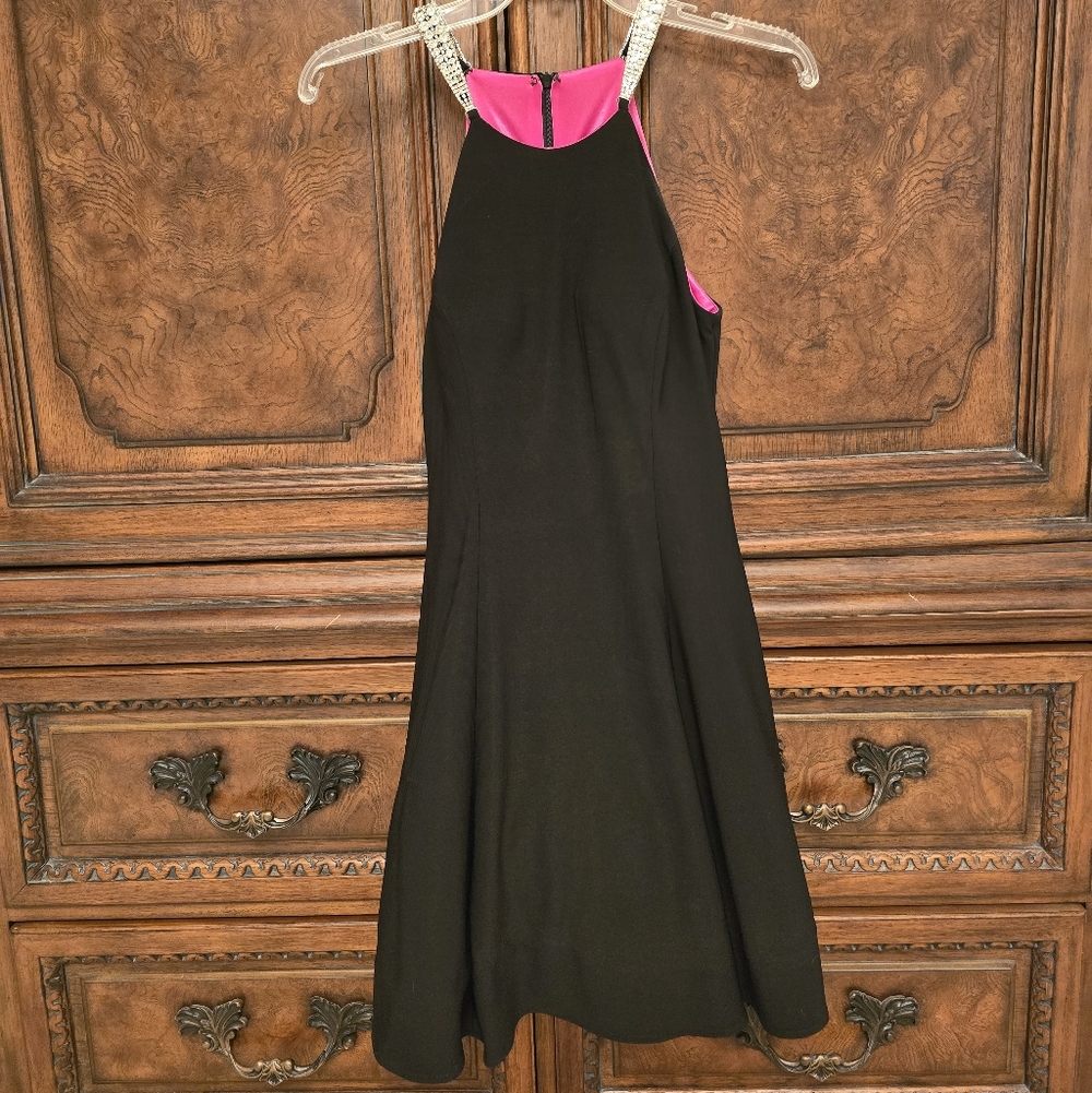 Betsy & Adam Black Dress with Rhinestone Straps